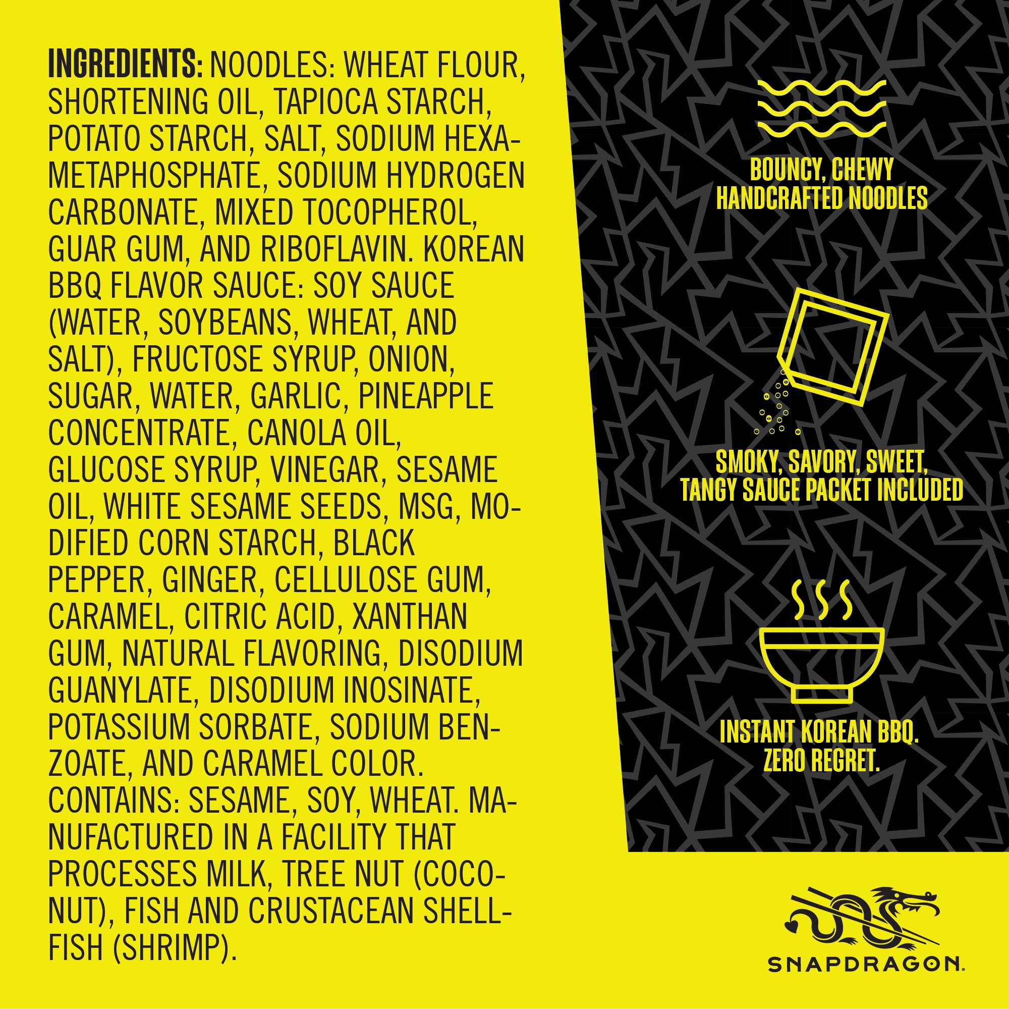 Snapdragon sauce packet next to dry noodles highlighting bold glaze benefit