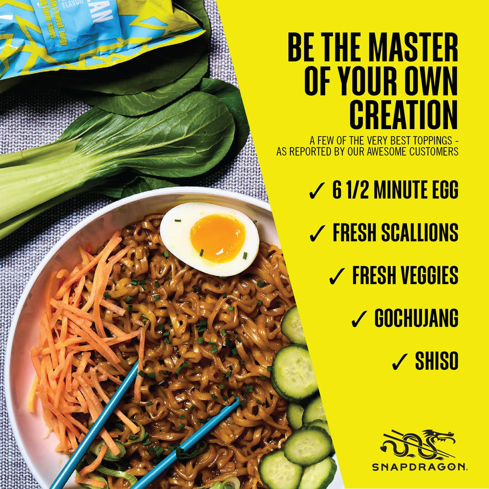 Snapdragon noodles topped with egg and scallions showing easy enhancement benefit