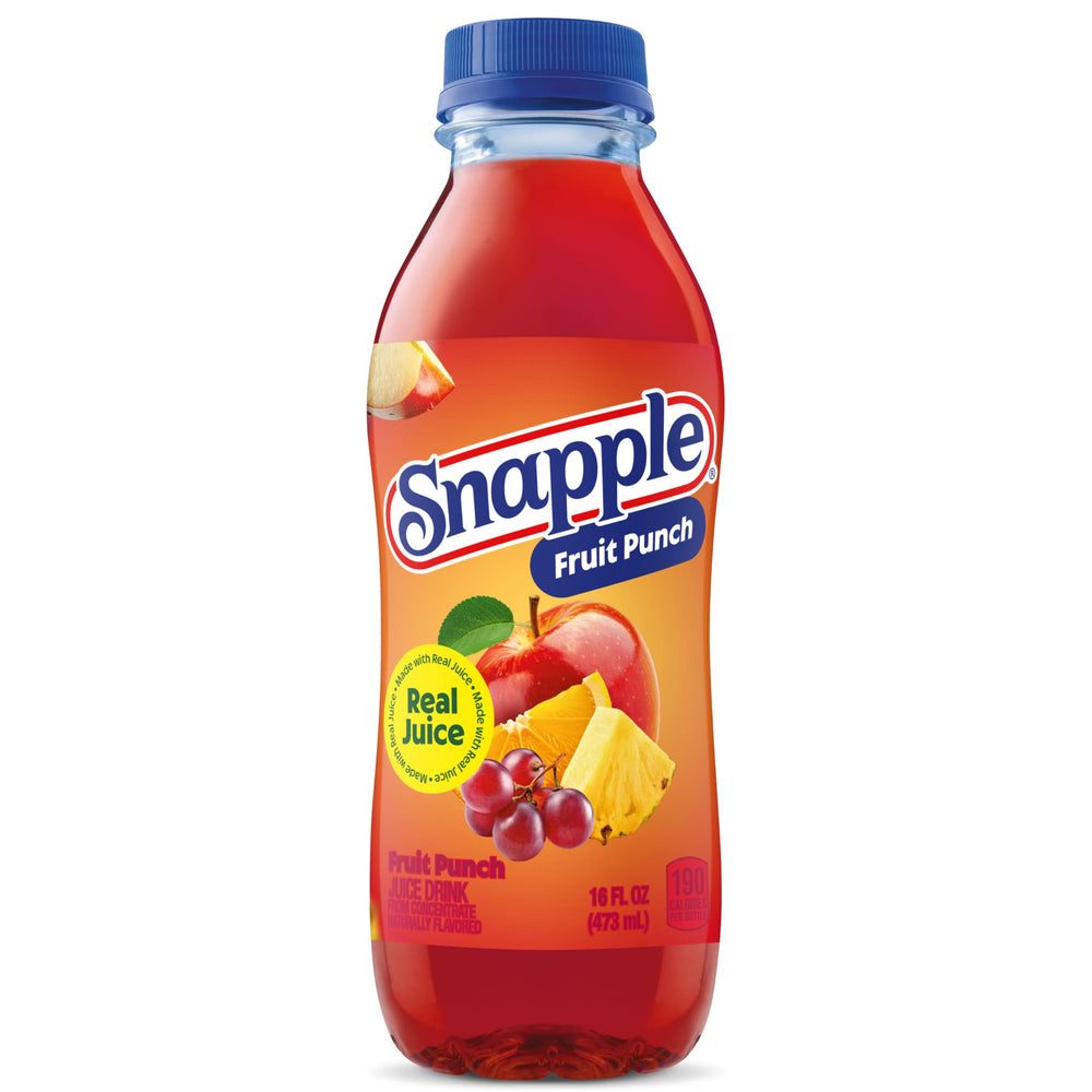 Assorted fruits beside a Snapple bottle, brand shows real juice ingredients