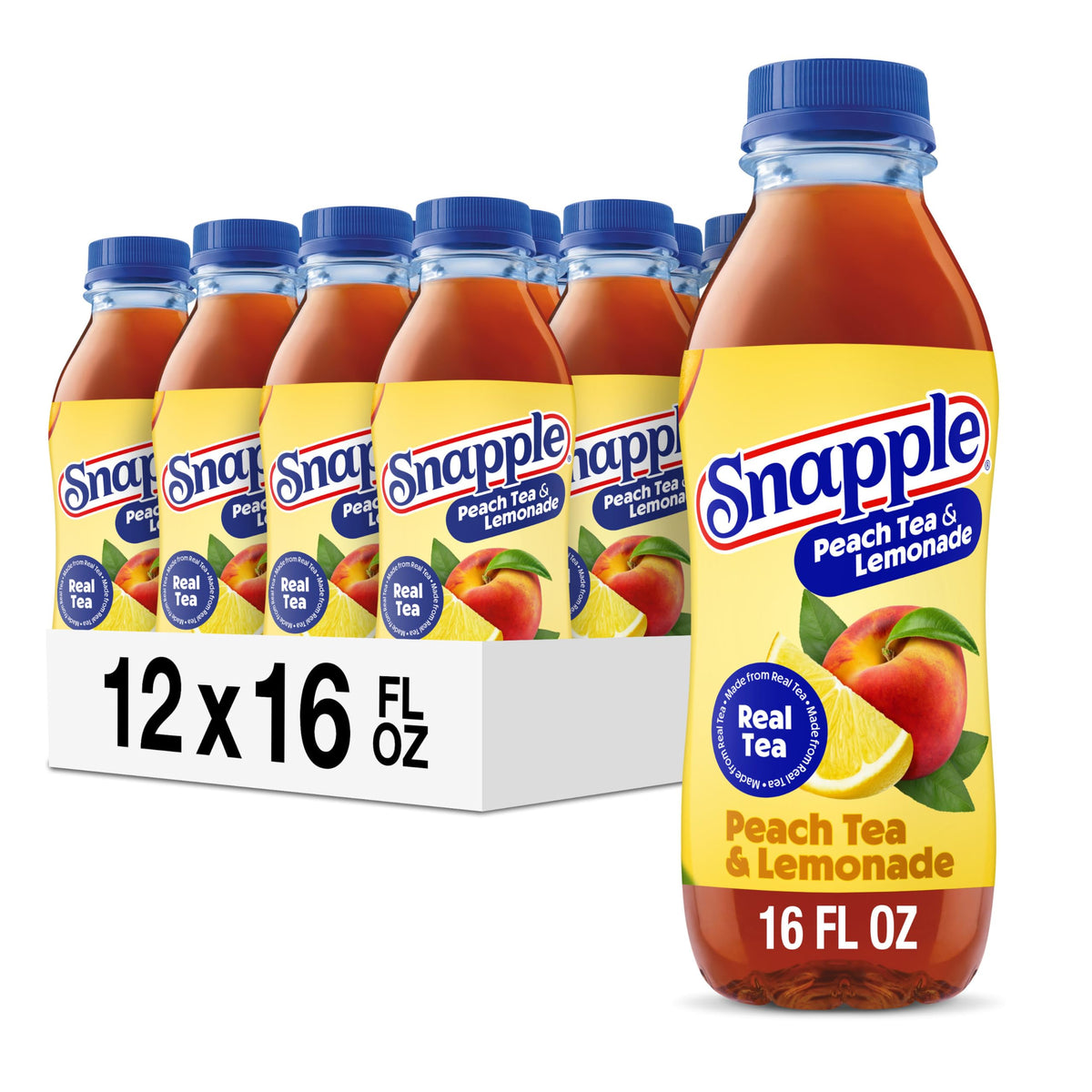 Snapple bottle front view showing peach lemonade flavor and refreshing appeal