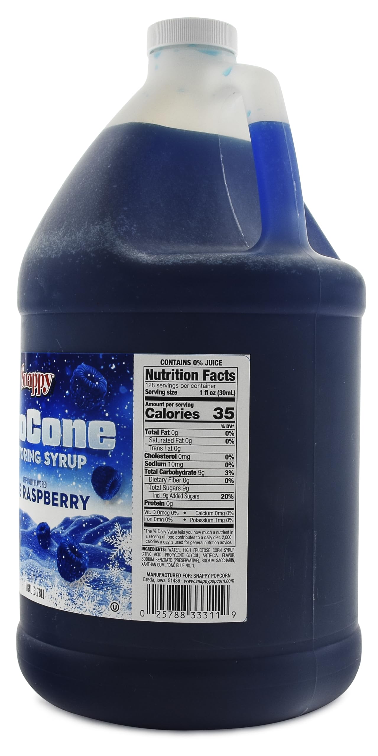 SNAPPY syrup pouring over shaved ice in cup, bright blue color adds eye-catching flavor appeal