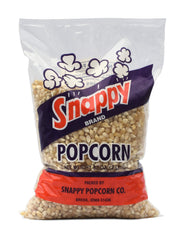 SNAPPY close-up of white popcorn kernels highlighting even size and consistent popping quality