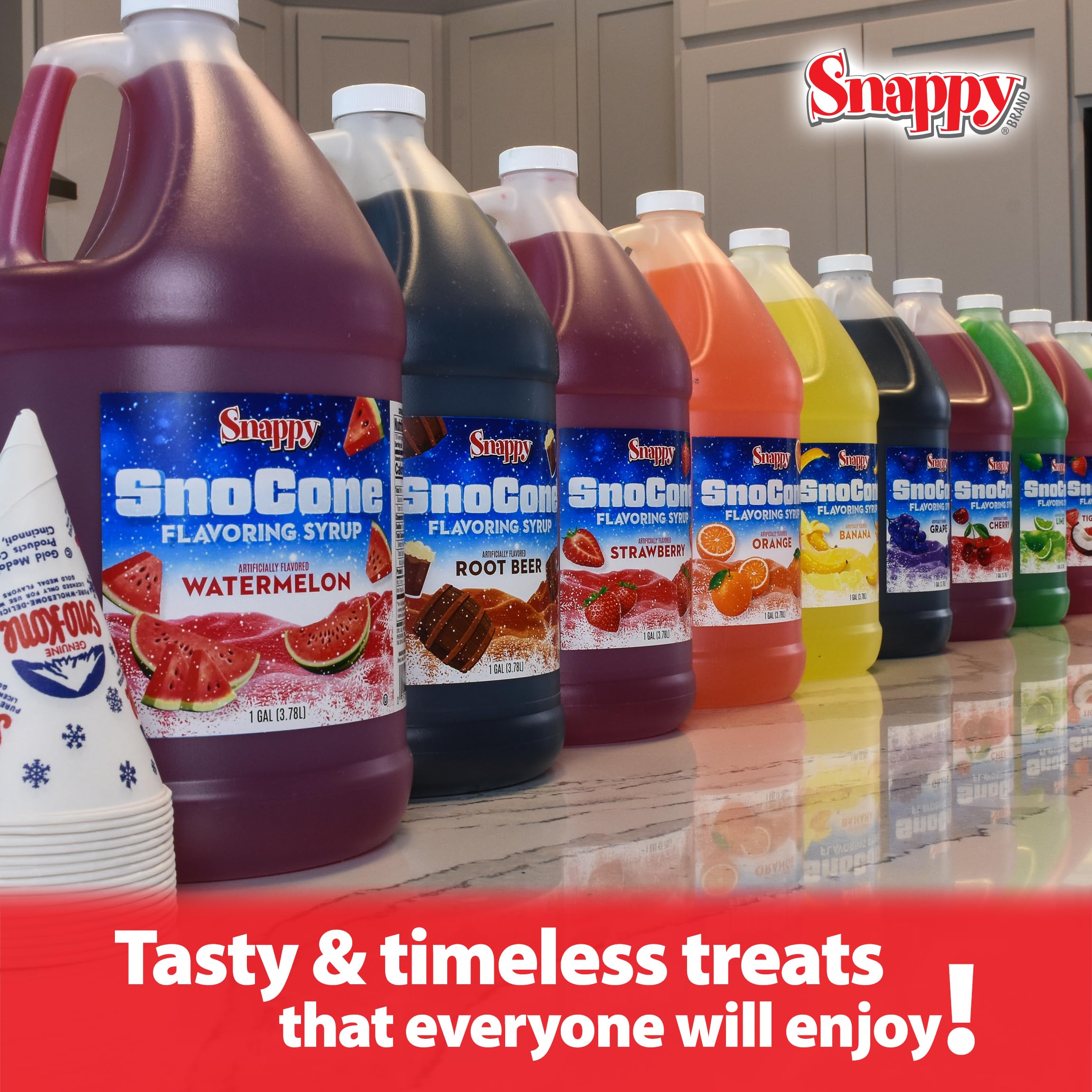 SNAPPY cotton candy syrup at concession stand with cups and machine illustrating event-ready convenience