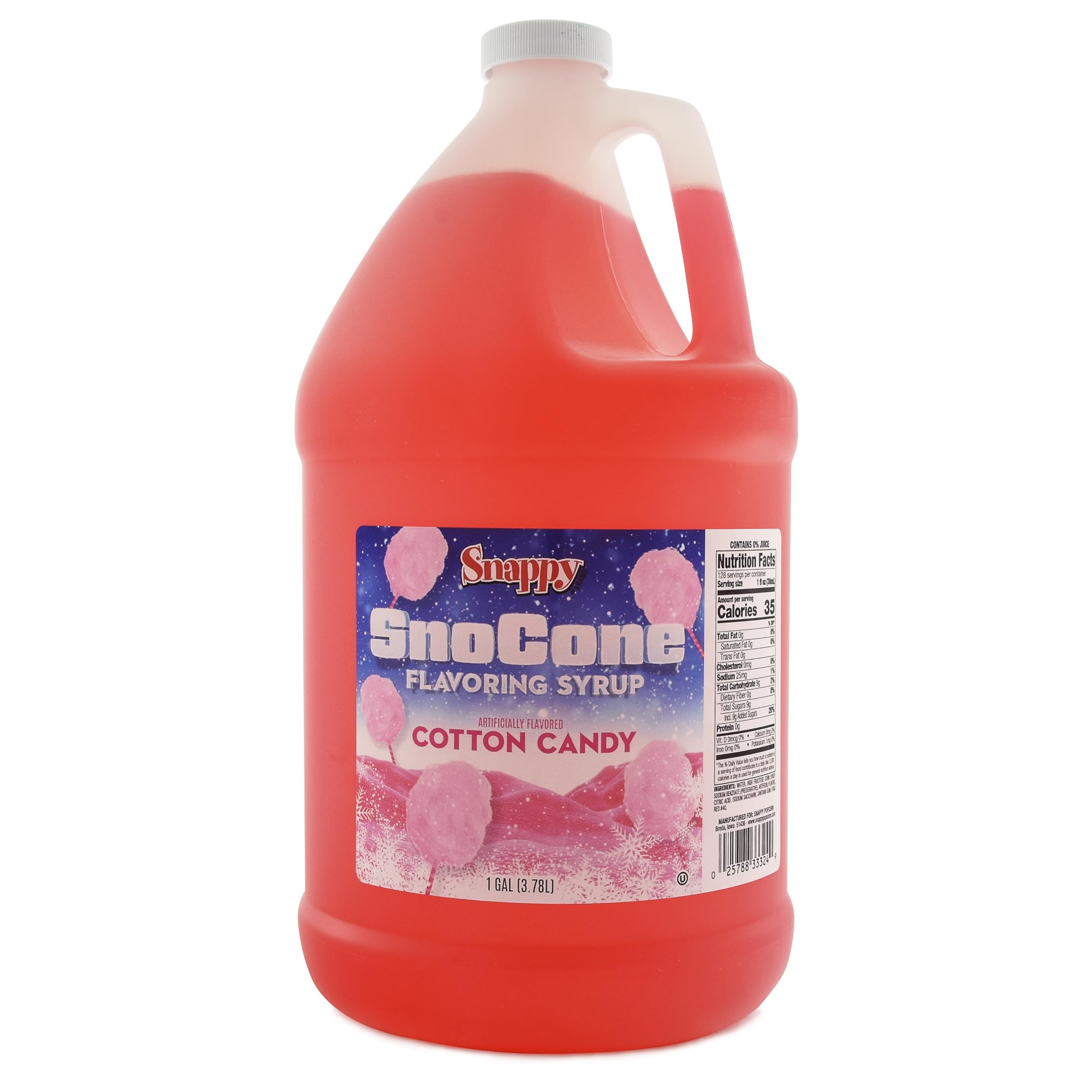 SNAPPY one-gallon jug front packaging showing cotton candy flavor and branding, great for high-volume service