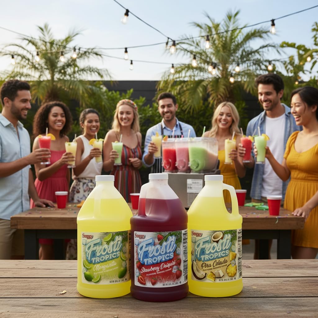 SNAPPY Frosti Tropics finished frozen pina colada in a glass with garnish, showing beverage appeal and serving idea