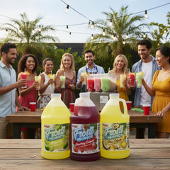 SNAPPY Frosti Tropics finished frozen pina colada in a glass with garnish, showing beverage appeal and serving idea