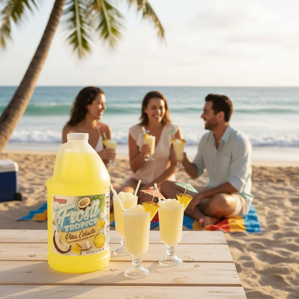 SNAPPY Frosti Tropics syrup close-up texture revealing creamy pineapple-coconut concentrate for consistent flavor