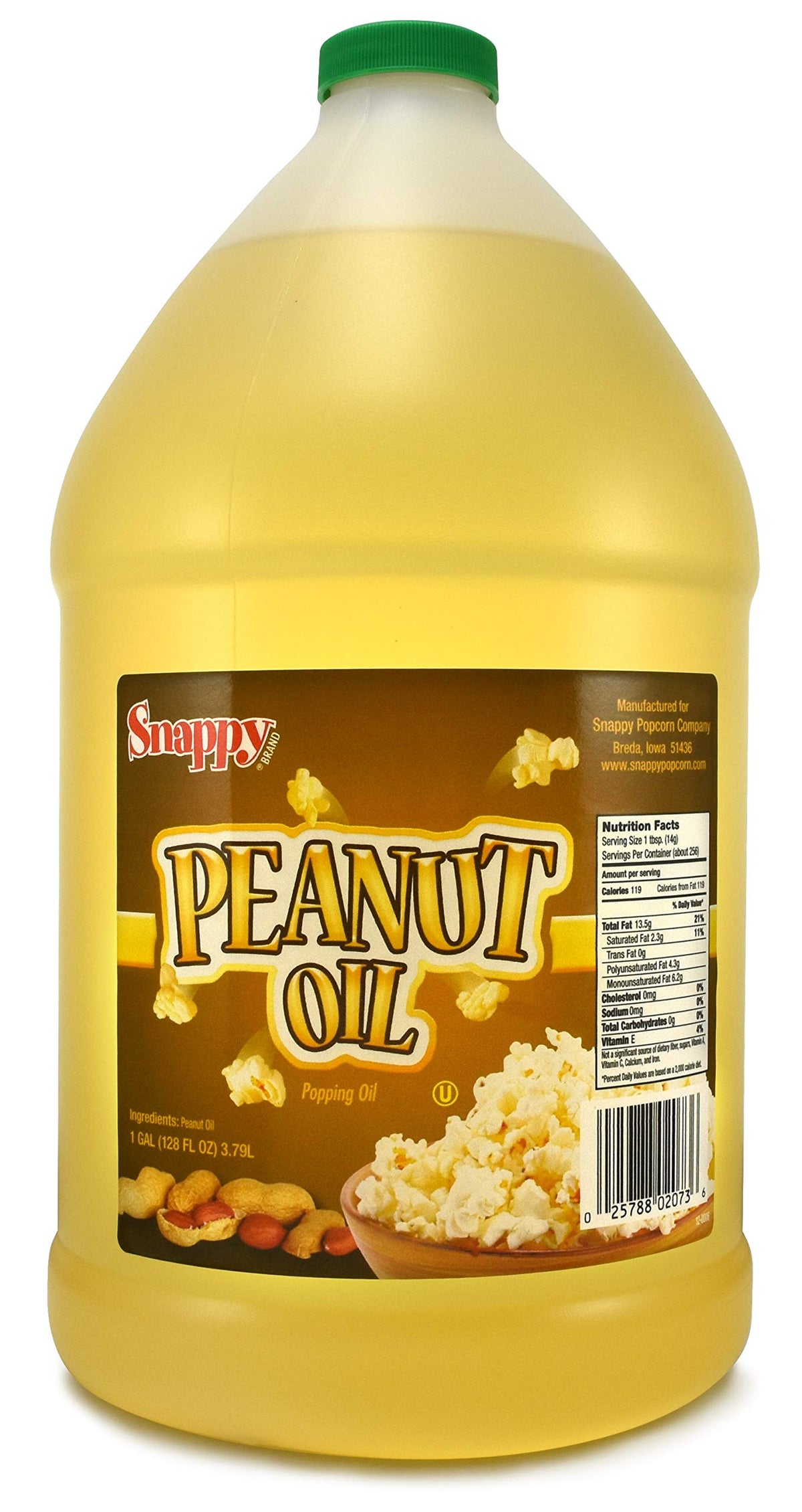 Snappy peanut oil front gallon bottle showing brand and size, convenient storage benefit
