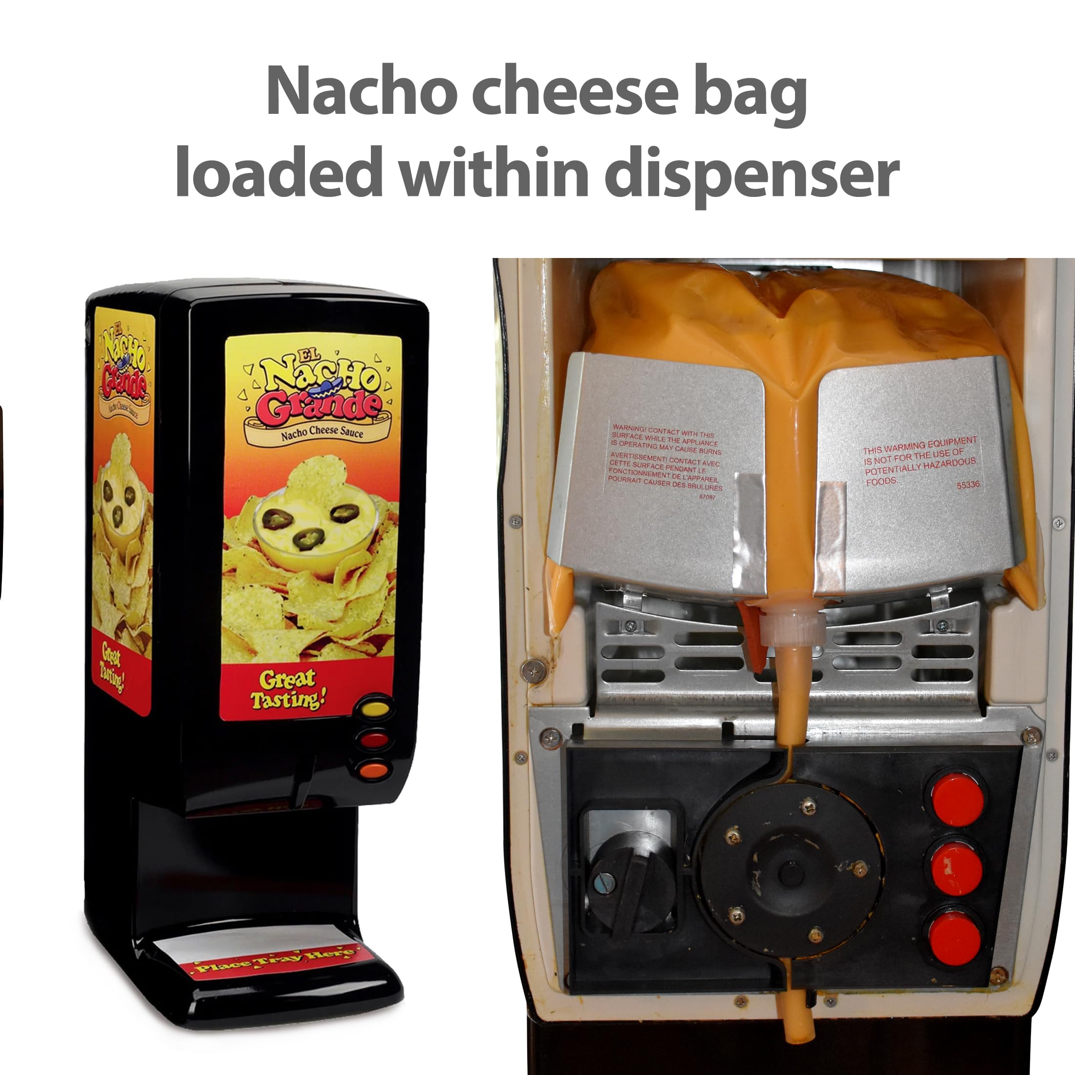 SNAPPY Ricos cheese pouring from dispenser creating smooth, creamy topping on nachos