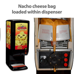 SNAPPY Ricos cheese pouring from dispenser creating smooth, creamy topping on nachos
