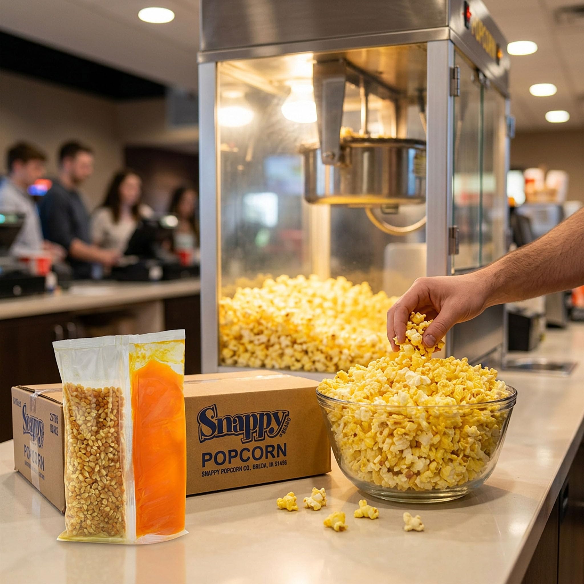 SNAPPY fresh popcorn in concession bucket illustrating ready-to-serve appeal