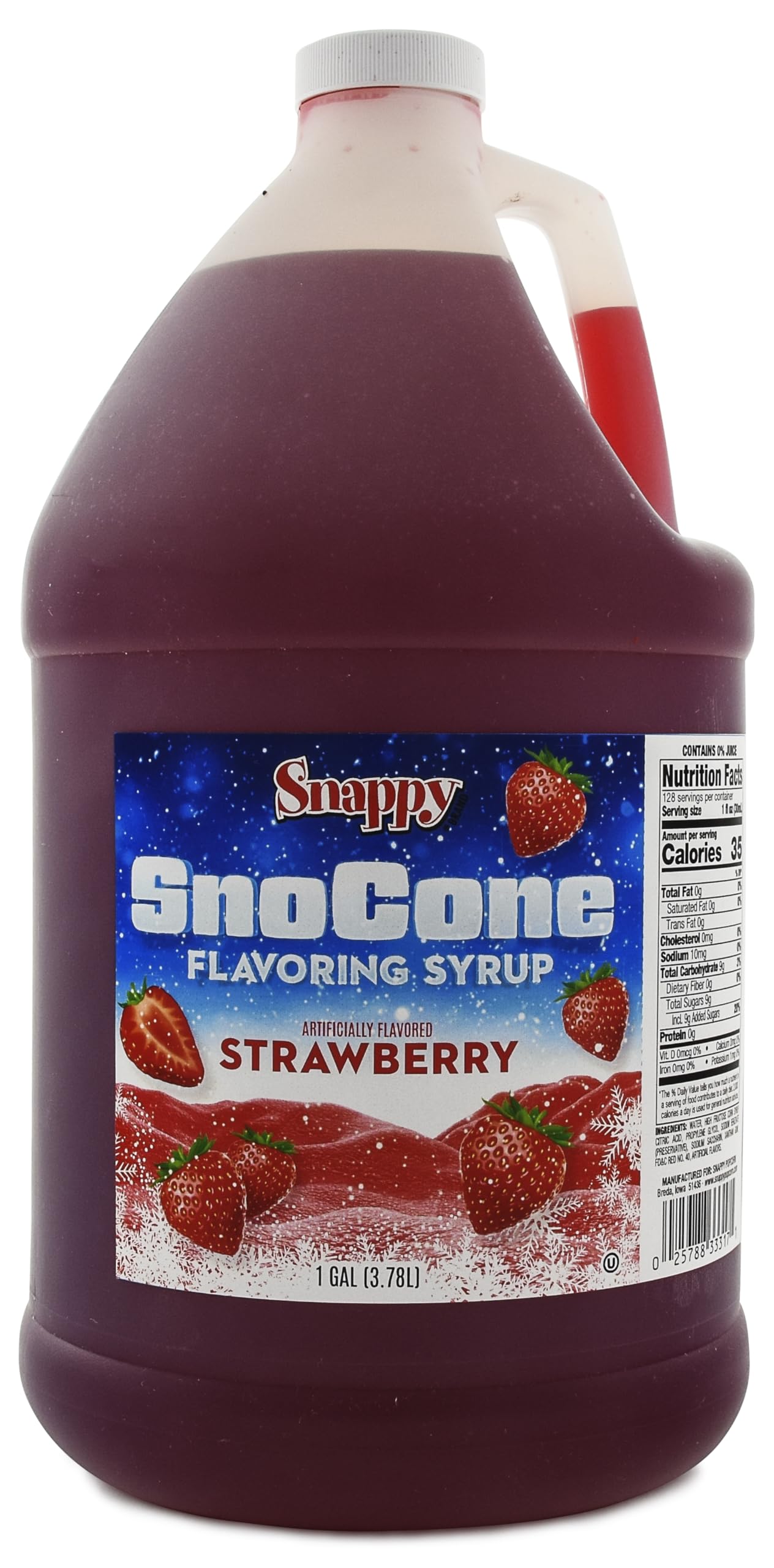 SNAPPY one-gallon jug front label showing strawberry flavor and ready-to-use benefit