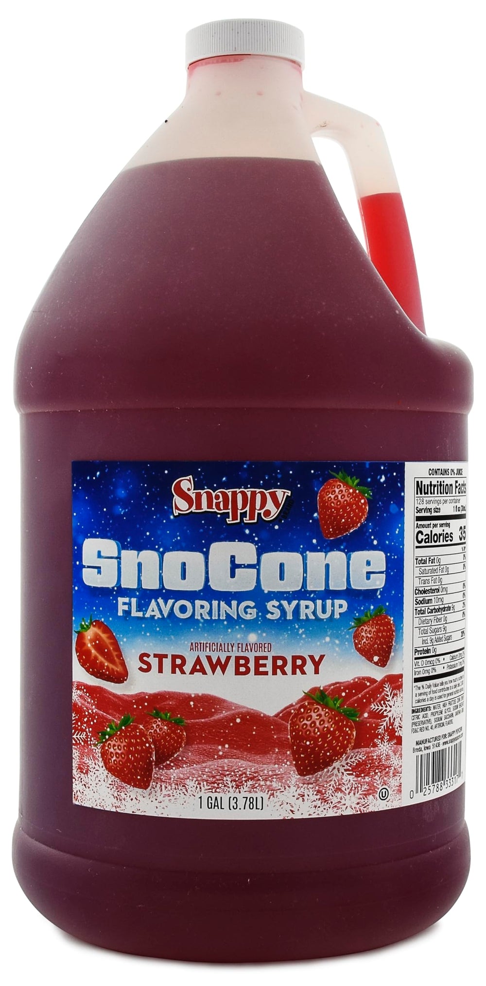 SNAPPY one-gallon jug front label showing strawberry flavor and ready-to-use benefit