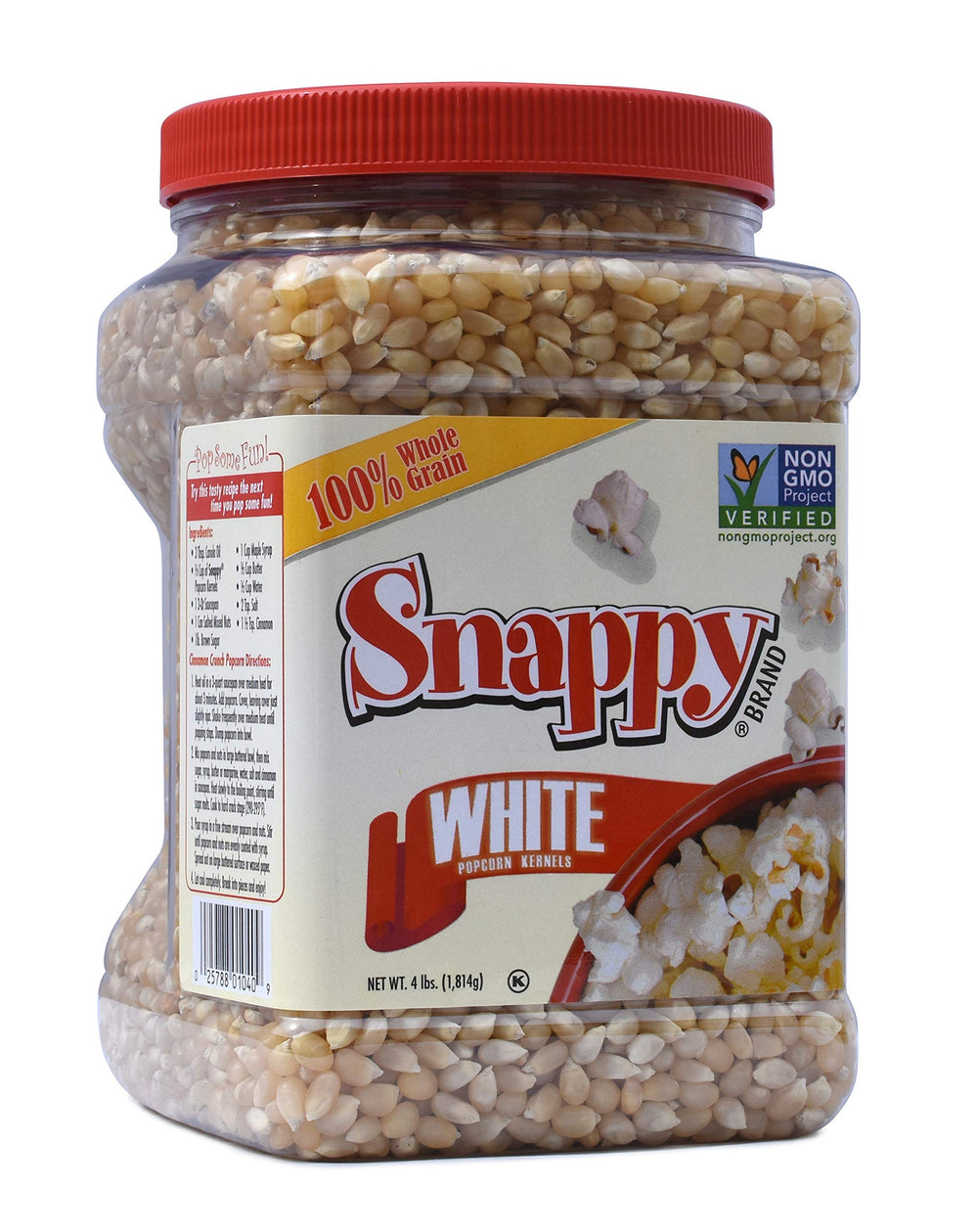 SNAPPY jar front view showing 4 lb white popcorn kernels, clean pantry storage benefit
