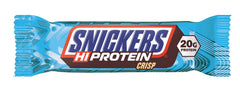 Snickers HiProtein Crisp nutrition label close-up showing protein content and calorie information
