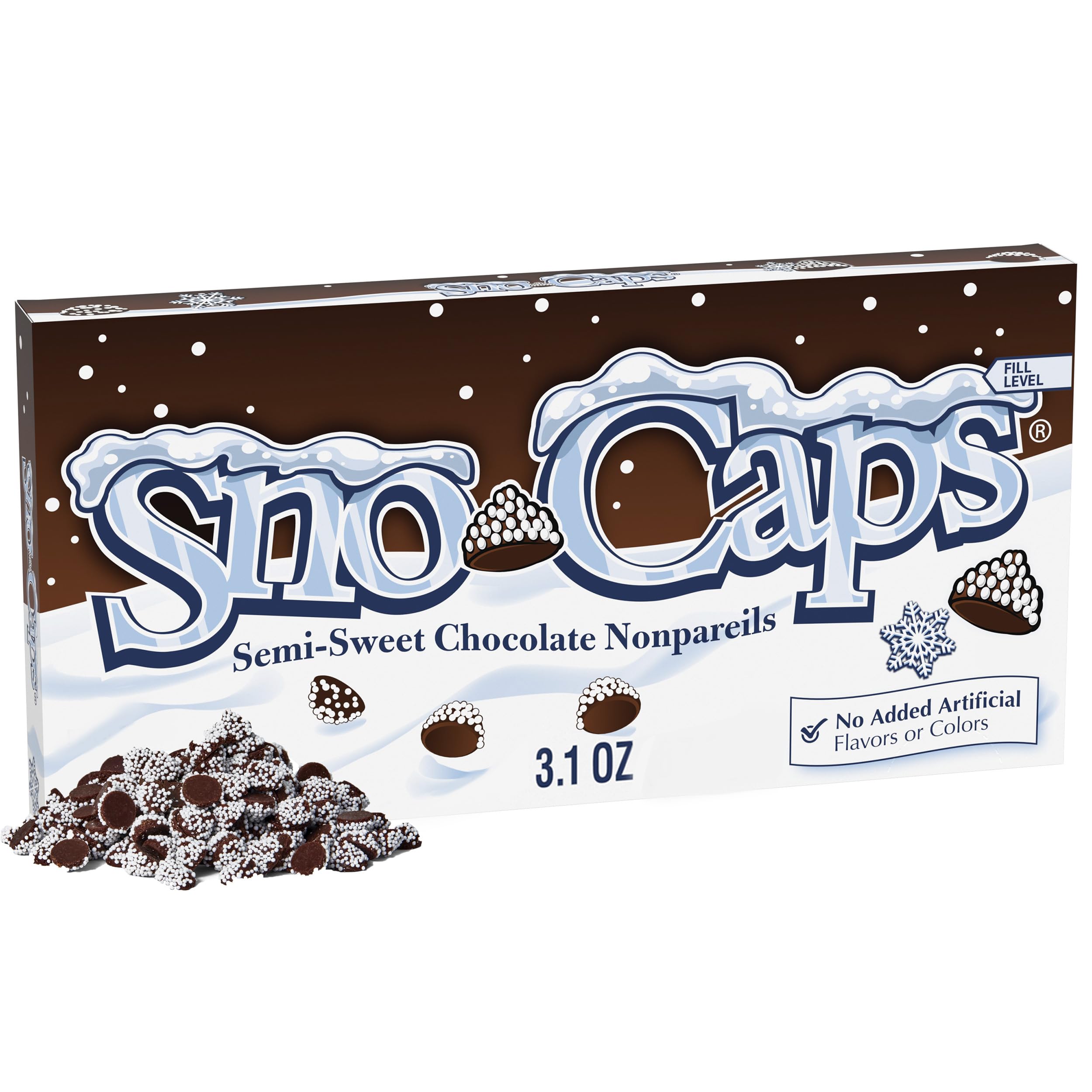 Sno-Caps front packaging showing bulk 15-pack and brand appeal