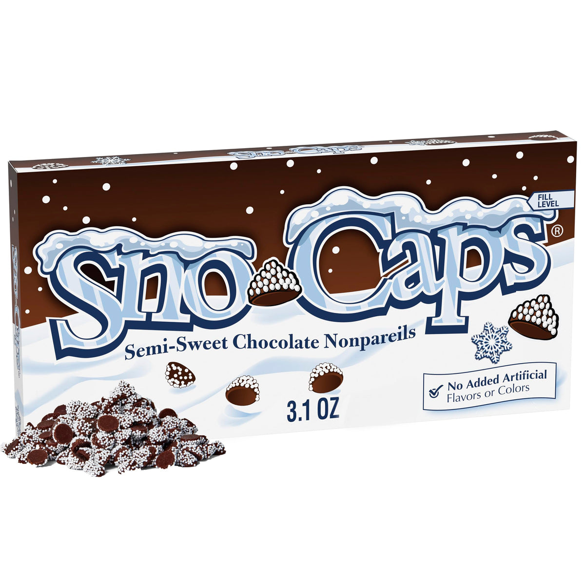 Sno-Caps front packaging showing bulk 15-pack and brand appeal