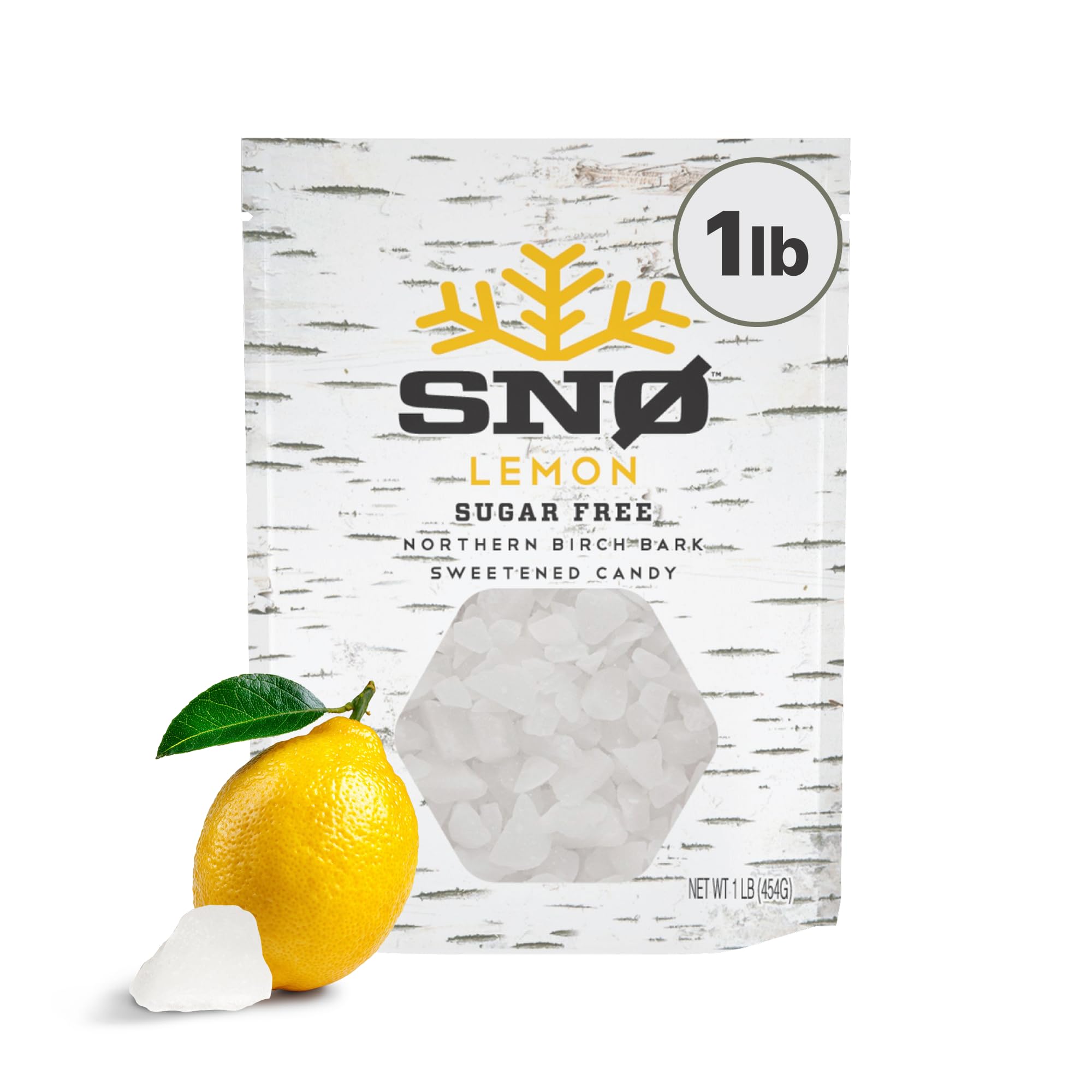 SNØ front of bag showing lemon xylitol chips and clean ingredient benefit