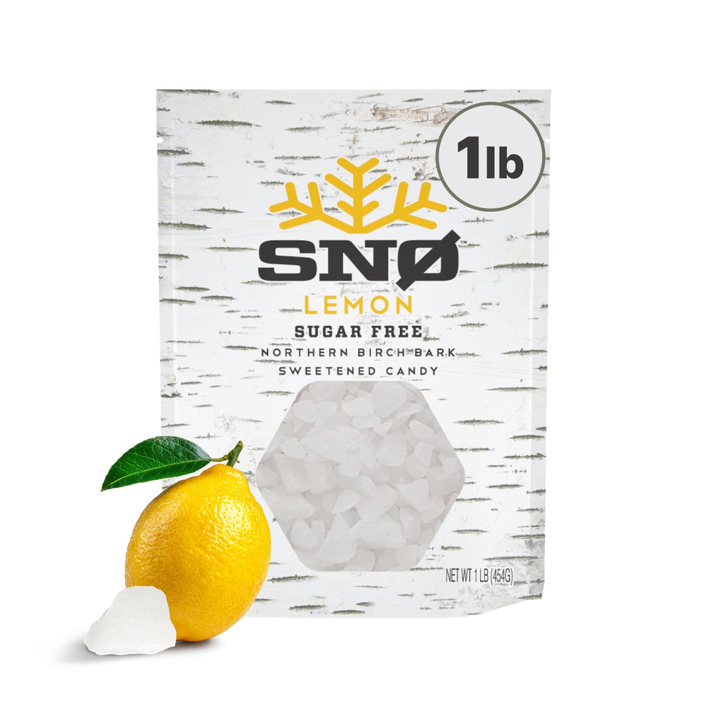 SNØ front of bag showing lemon xylitol chips and clean ingredient benefit