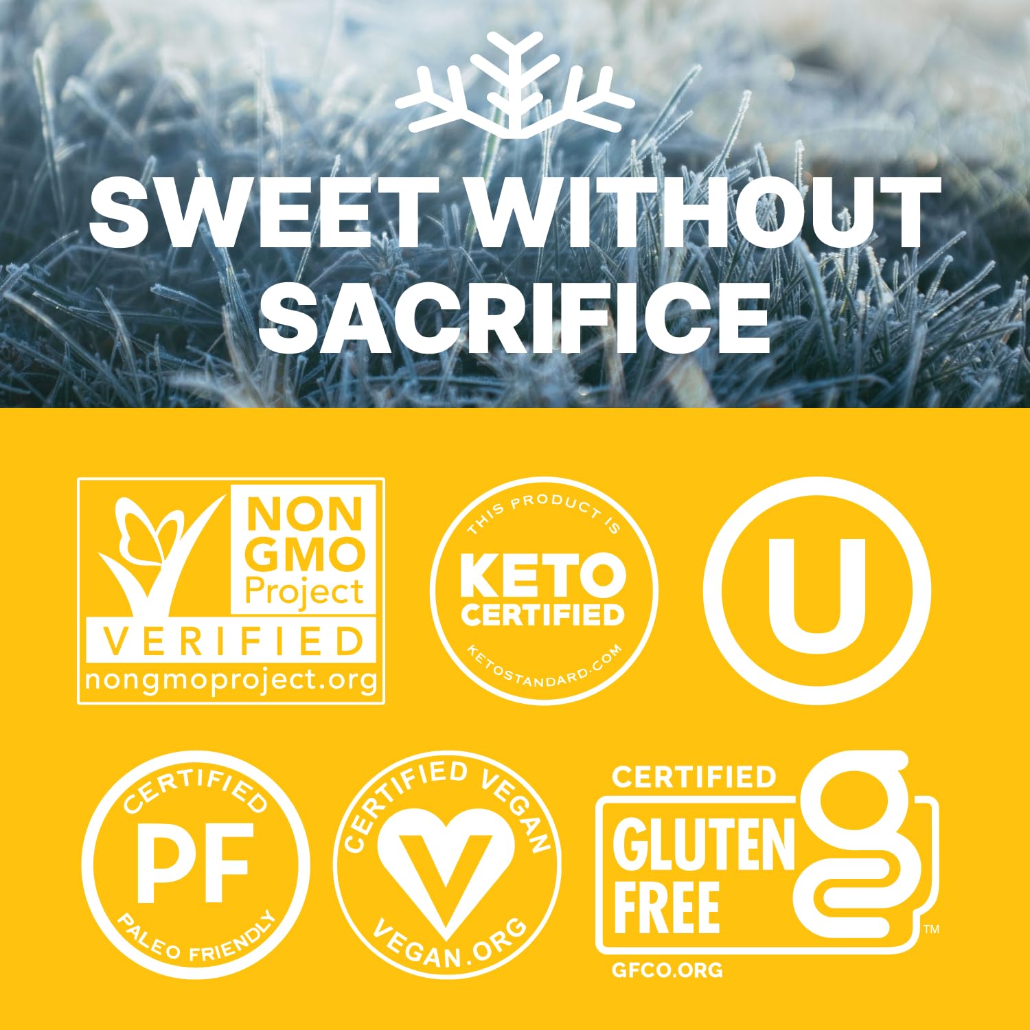 SNØ label close-up showing Non-GMO and kosher certifications benefit