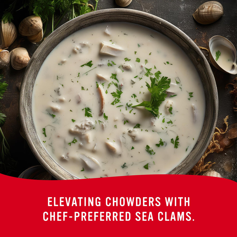 Snow's clam chowder served in bowl lifestyle, showcases finished dish appeal