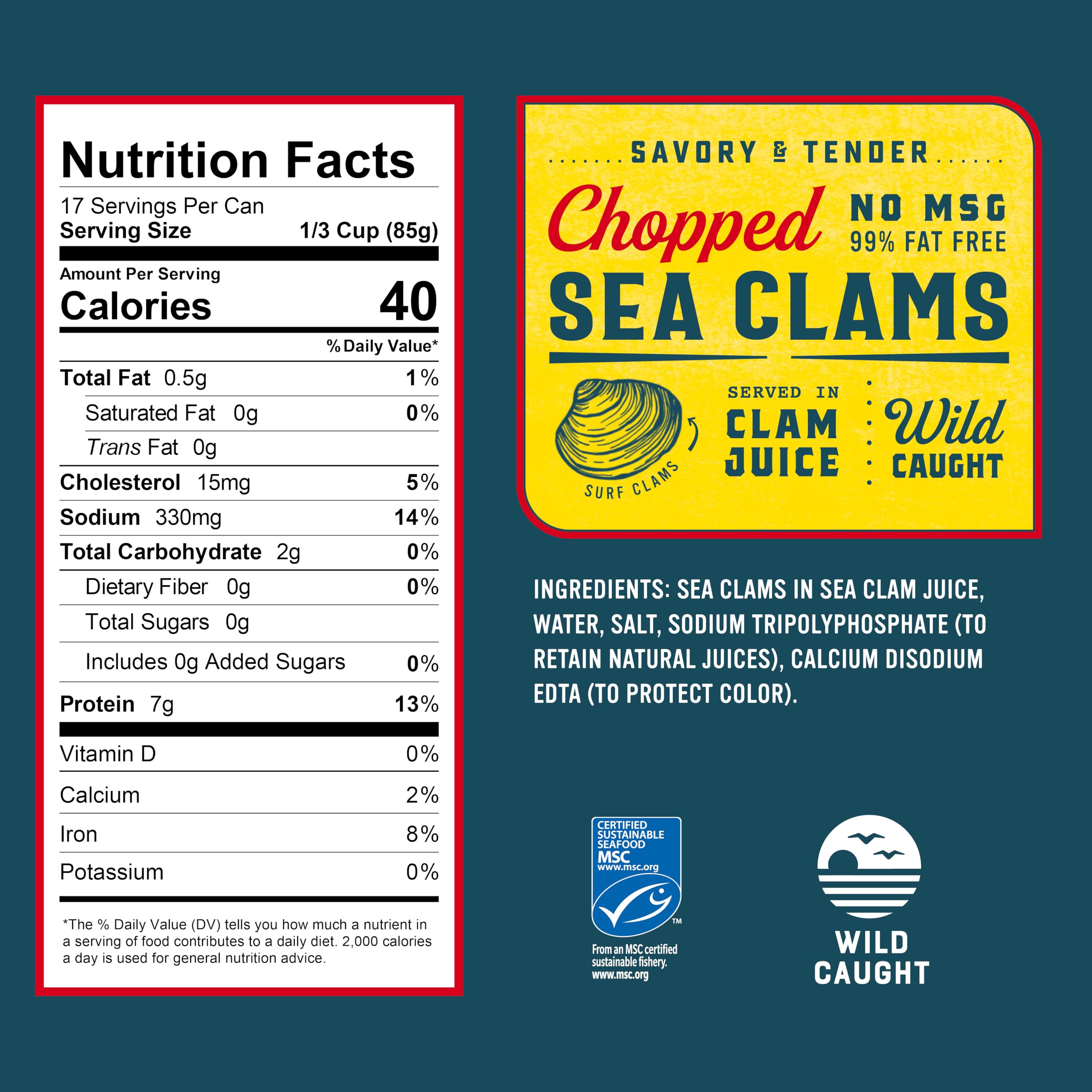 Snow's close-up chopped clams texture, reveals tender pieces and moist quality