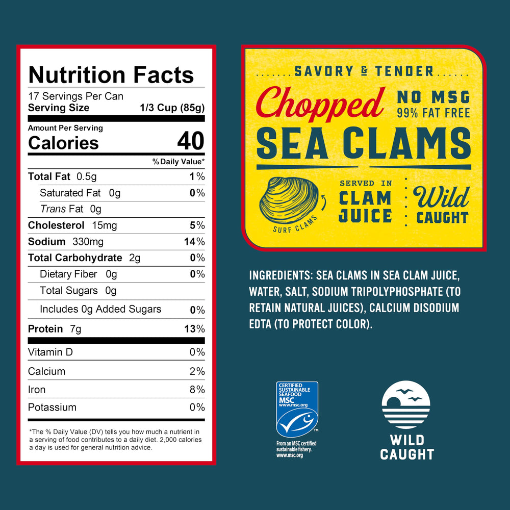 Snow's close-up chopped clams texture, reveals tender pieces and moist quality