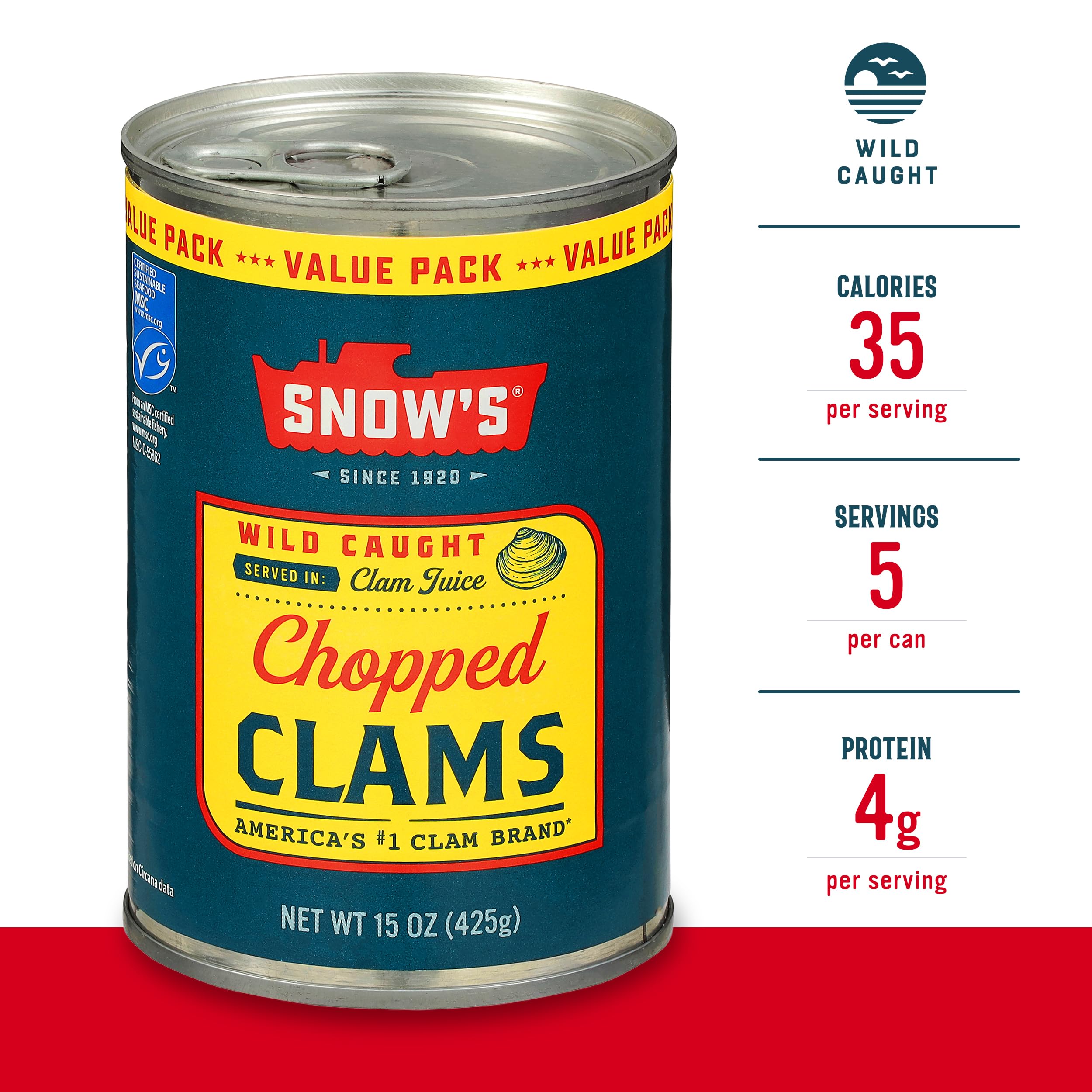 Snow's open can revealing clams and juice for immediate recipe use and flavor