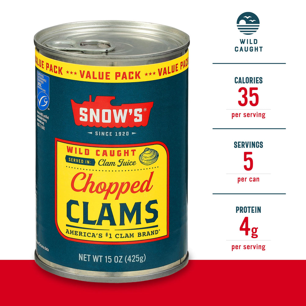 Snow's open can revealing clams and juice for immediate recipe use and flavor