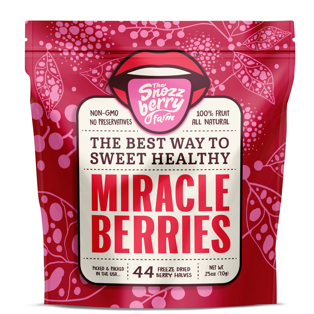 THE SNOZZBERRY FARM front packaging showing 44 freeze-dried berry halves and benefits
