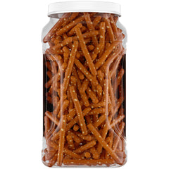 Snyder's canister open with resealable lid preserving freshness after use