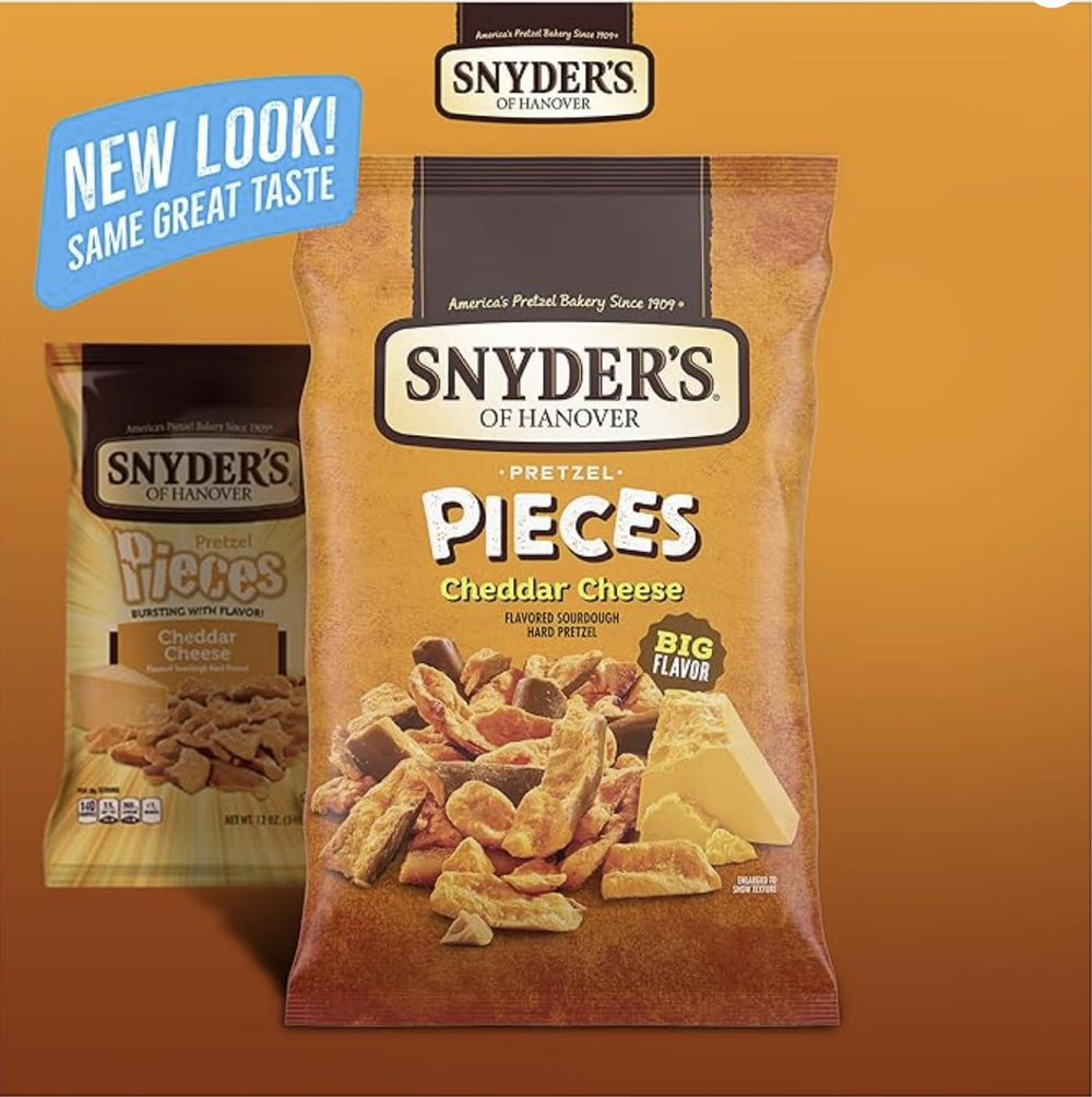 SUPERDEALS Snyder's cheddar bag close-up highlighting bold cheese flavor and crunch