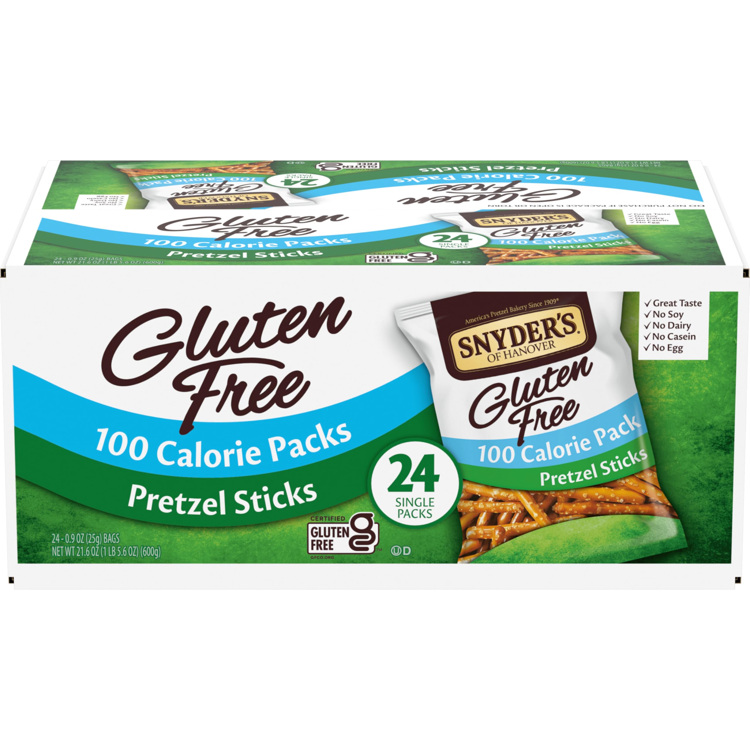 Snyder's of Hanover front packaging shows gluten-free badge and 24 packs
