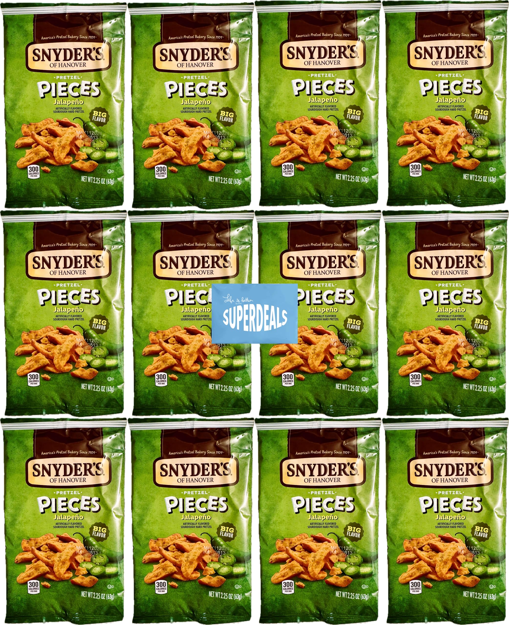 SUPERDEALS Snyder's jalapeño front pack showing branding and spicy appeal