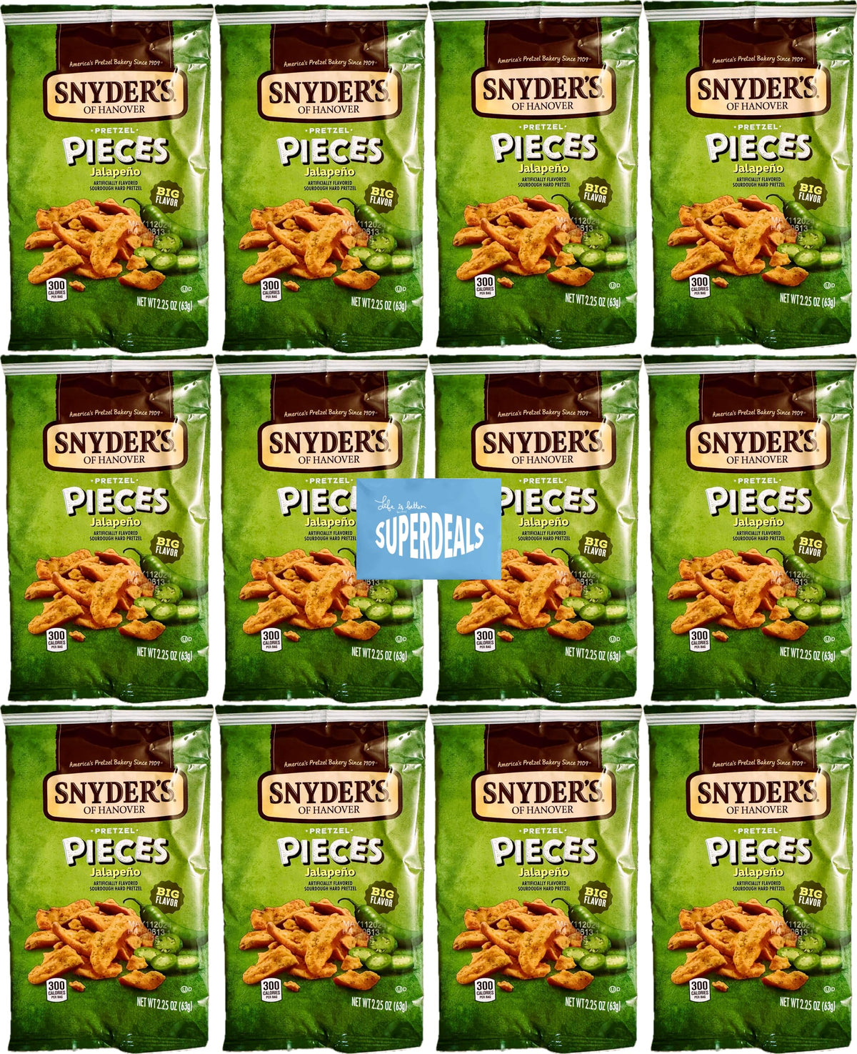 SUPERDEALS Snyder's jalapeño front pack showing branding and spicy appeal