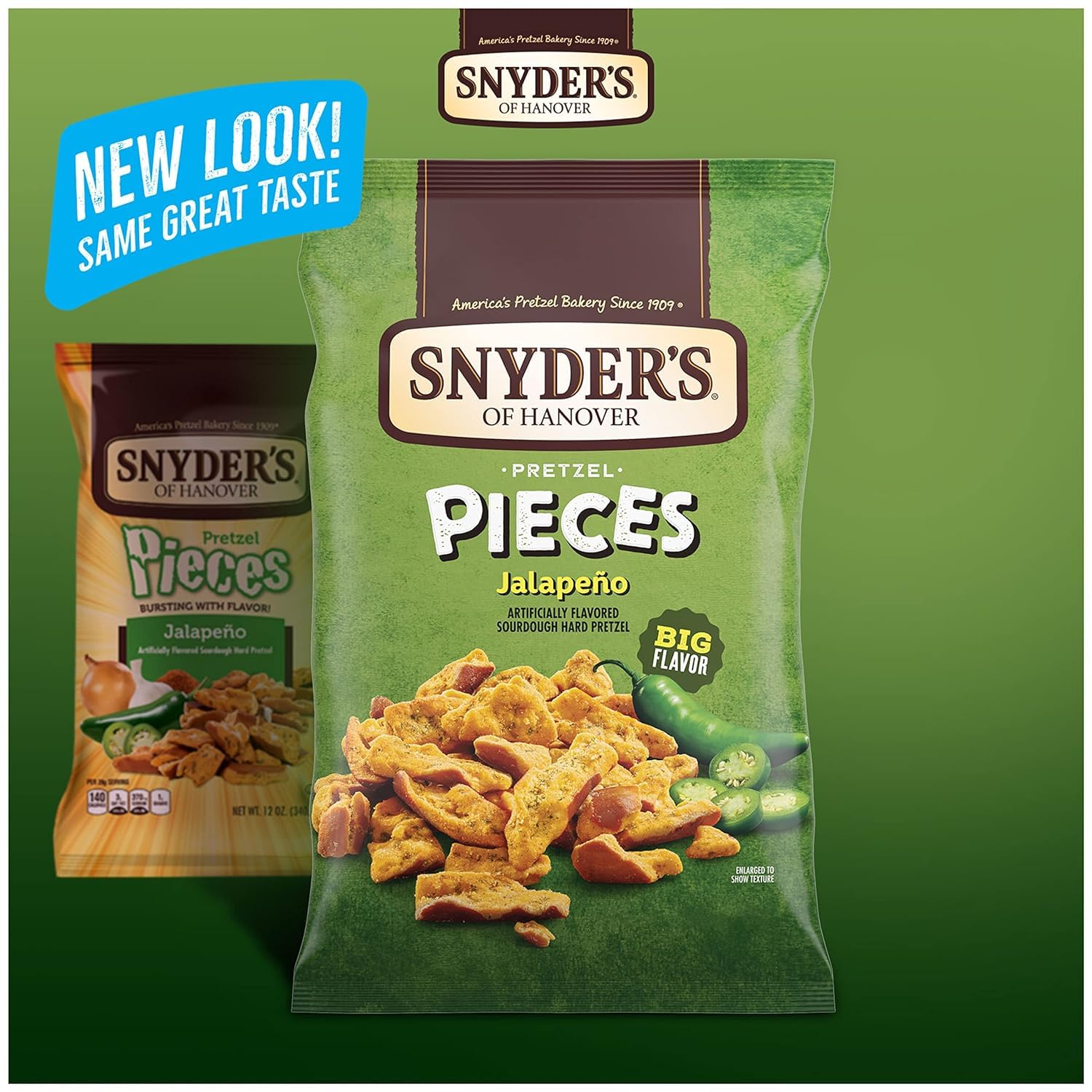 SUPERDEALS Snyder's jalapeño open bag with pieces spilled for snacking convenience