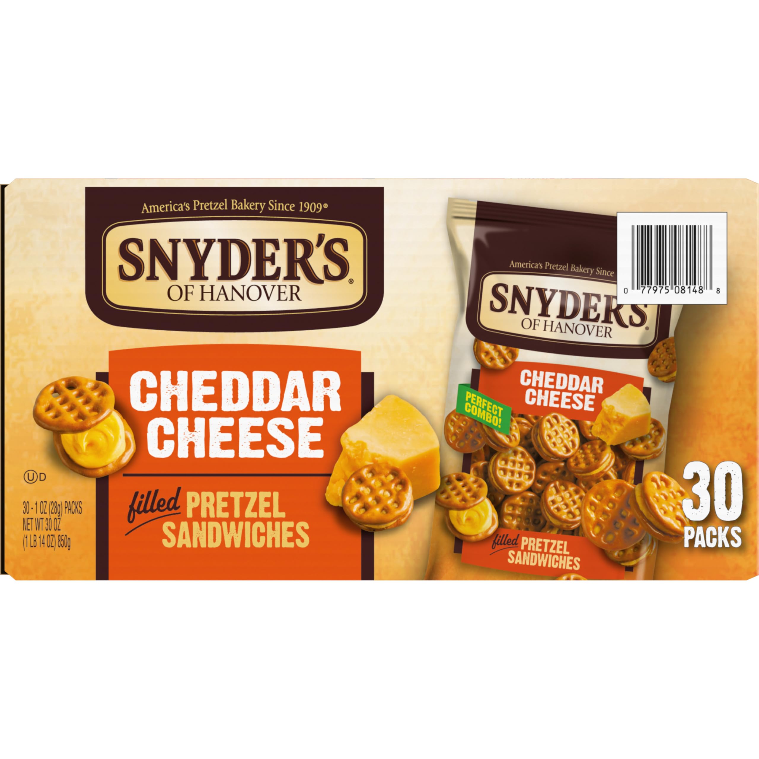 Snyder's of Hanover pretzel sandwich next to a coin demonstrating compact portion size