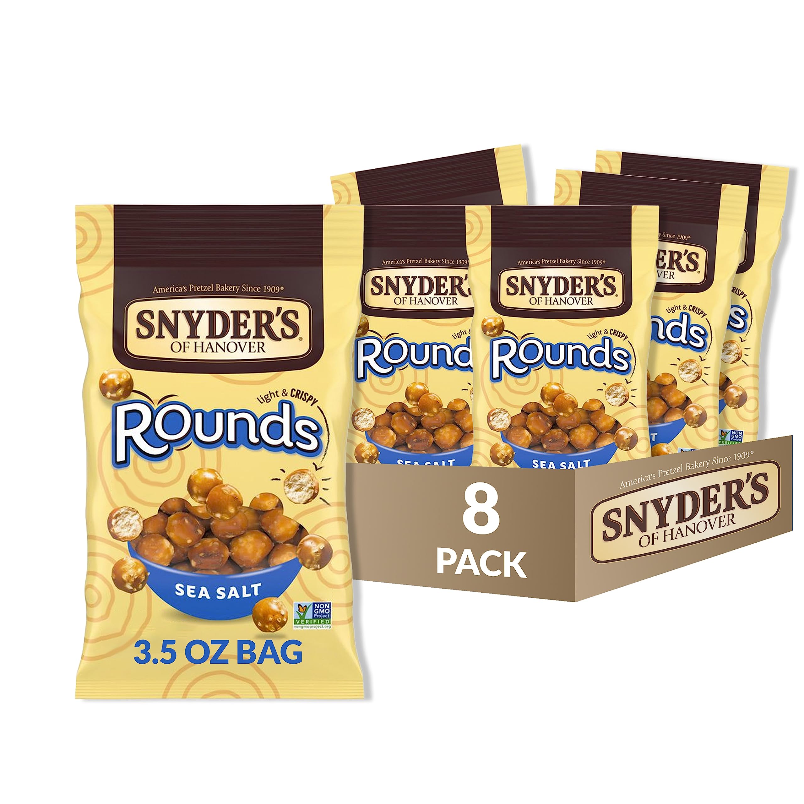 Snyder's of Hanover front packaging showing 3.5 oz pack and sea salt advantage