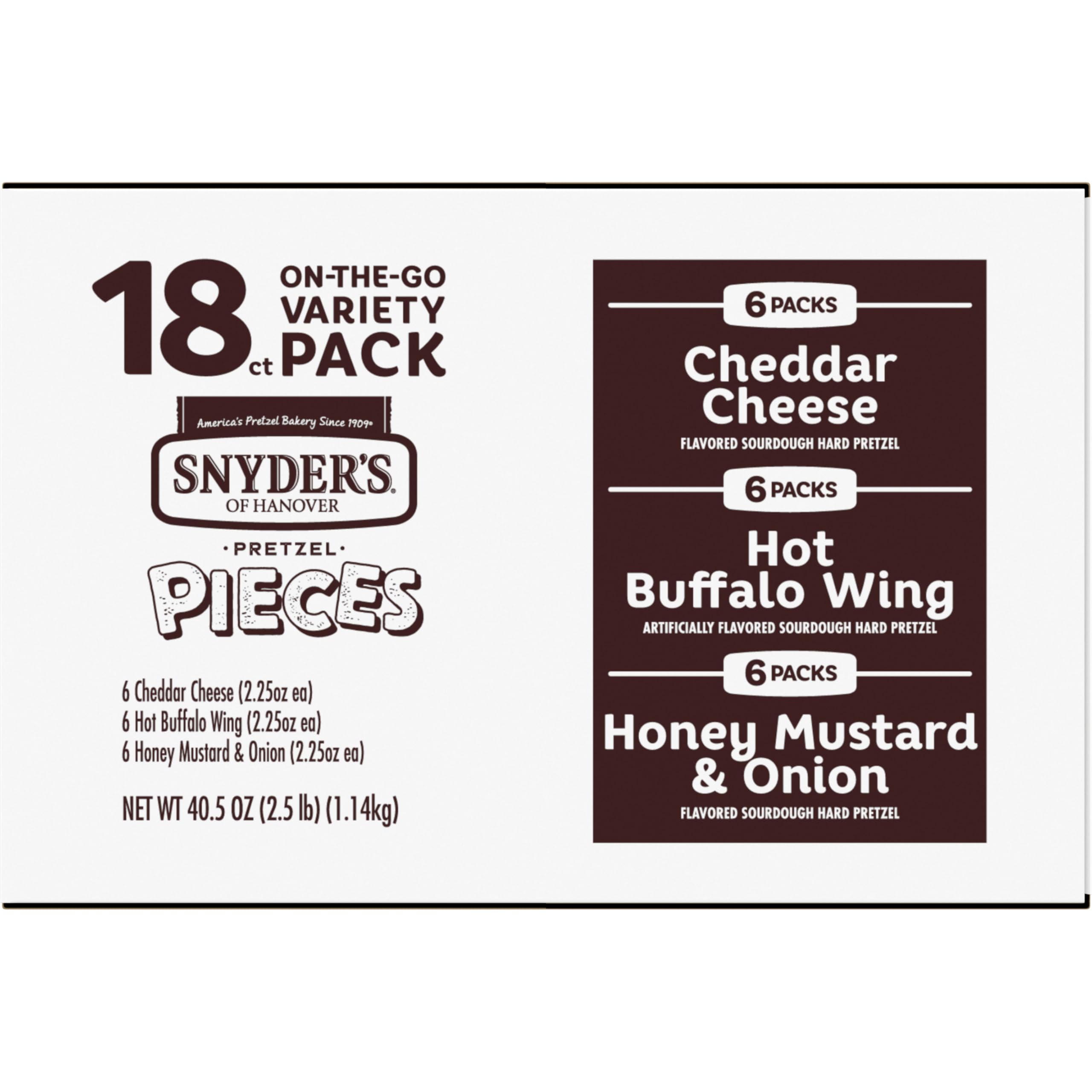 Snyder's of Hanover size comparison with smartphone showing compact 2.25‑oz single‑serve bag