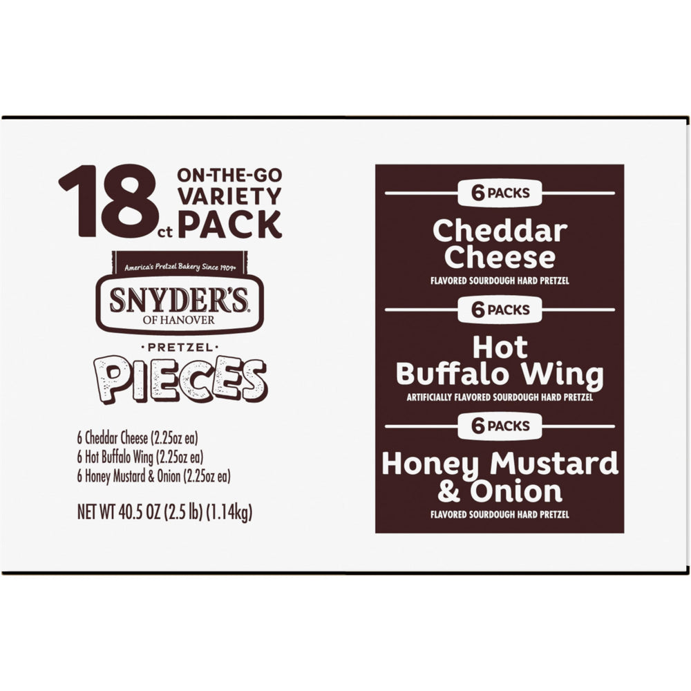 Snyder's of Hanover size comparison with smartphone showing compact 2.25‑oz single‑serve bag