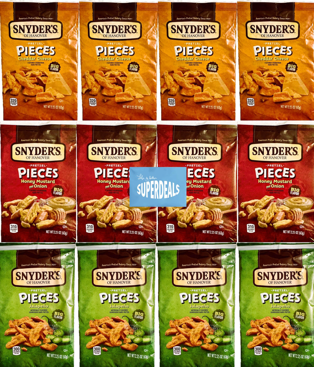 SUPERDEALS Snyder's variety 12-pack front view showing all flavor bags and mystery gift