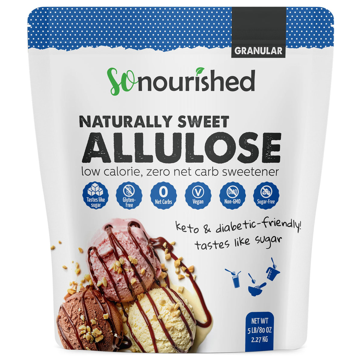 So Nourished front packaging of 80oz allulose showing brand and size benefit