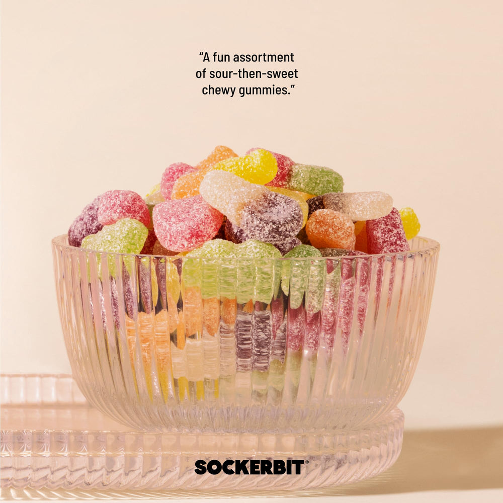 Sockerbit bag next to a ruler to show 2.82oz size and convenient portioning benefit