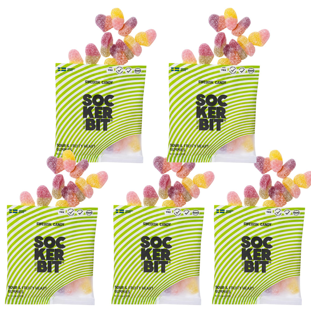 Sockerbit front packaging showing five bags and clear branding benefit portability