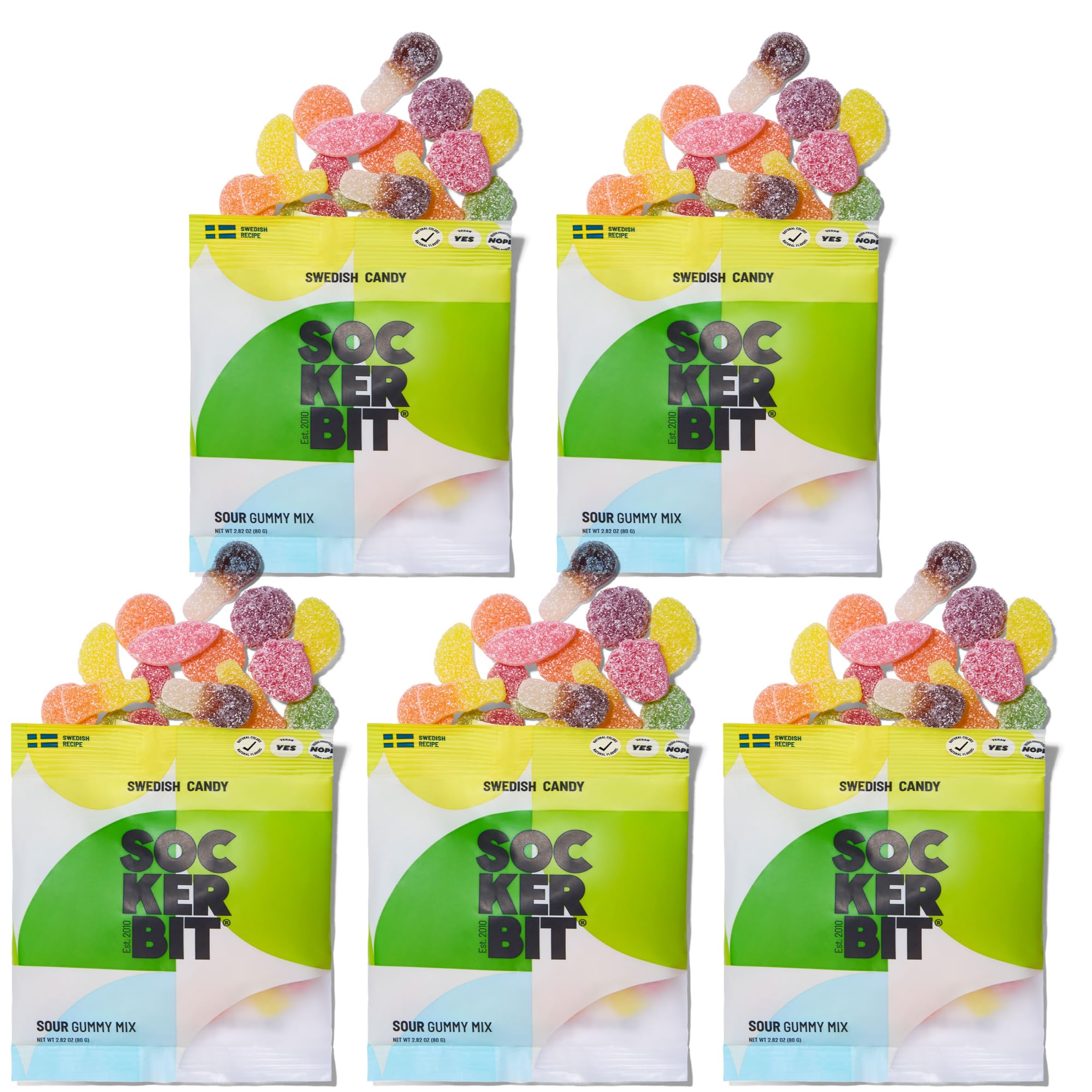 Sockerbit front packaging showing five 2.82oz sour gummy bags and branding benefit sampler
