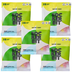 Sockerbit open bag with assorted sour gummies visible for immediate snacking benefit