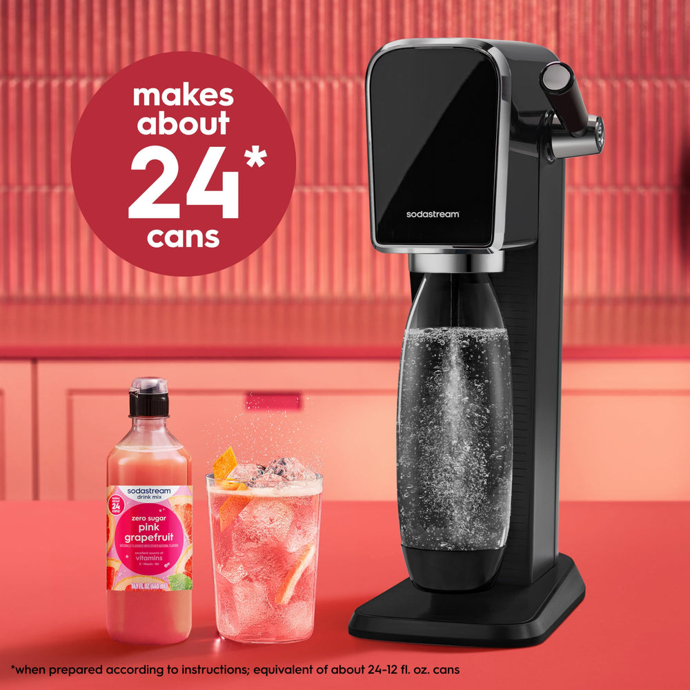 sodastream bottle beside carbonator demonstrating compatibility and quick drink prep