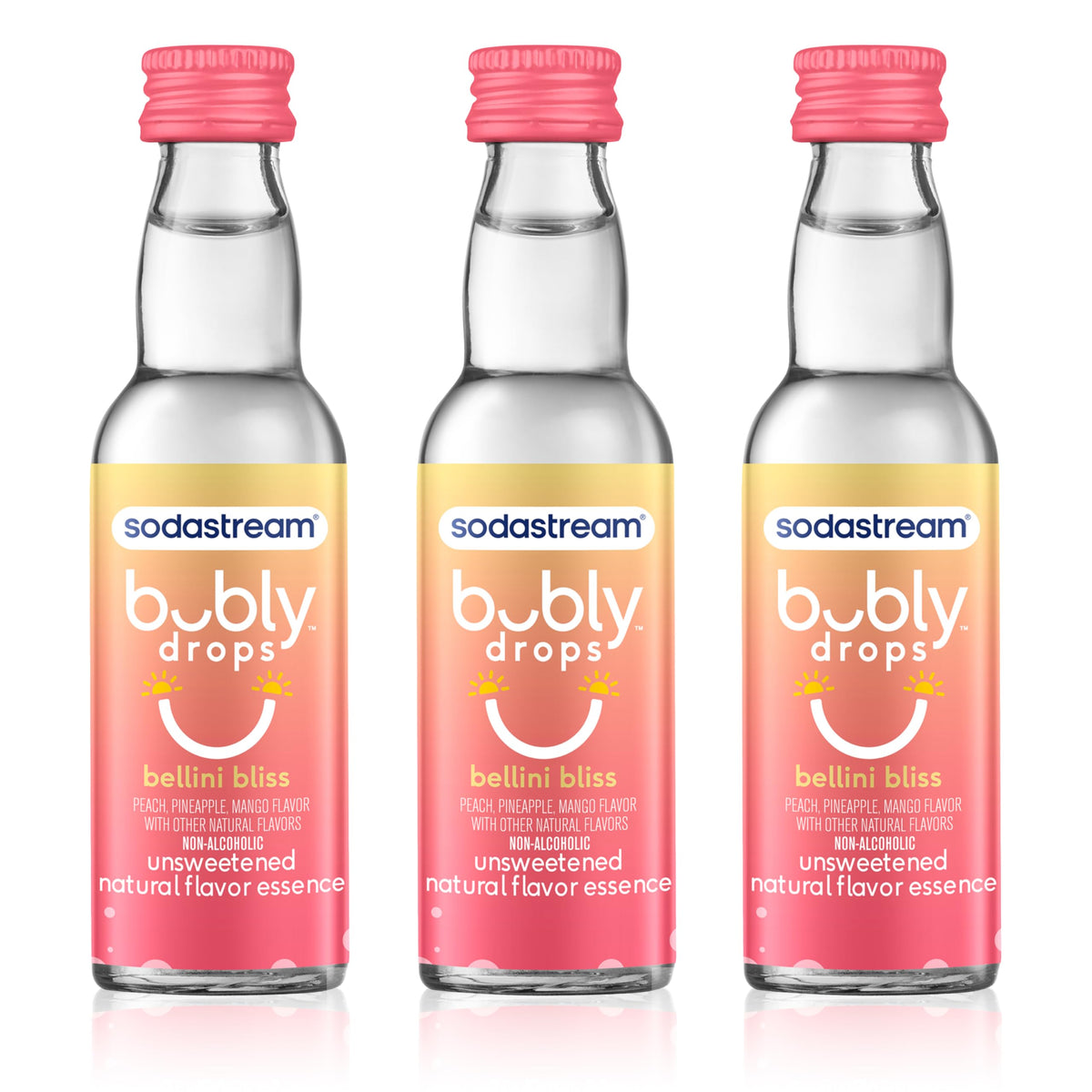 sodastream bubly bellini bliss front packaging showing three bottles and label, convenient supply