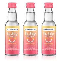sodastream bubly bellini bliss front packaging showing three bottles and label, convenient supply