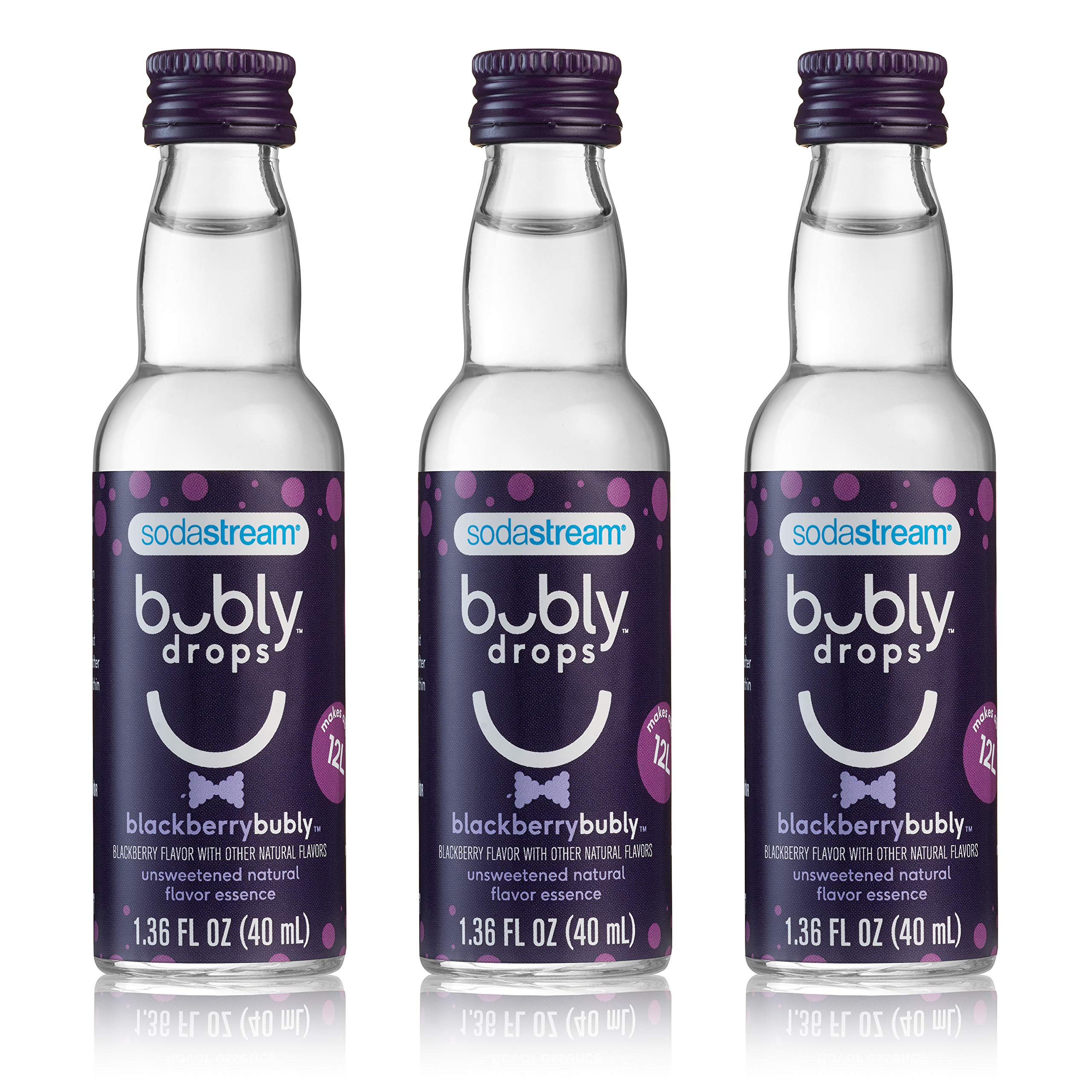 SodaStream bubly Blackberry front packaging showing three bottles and benefits
